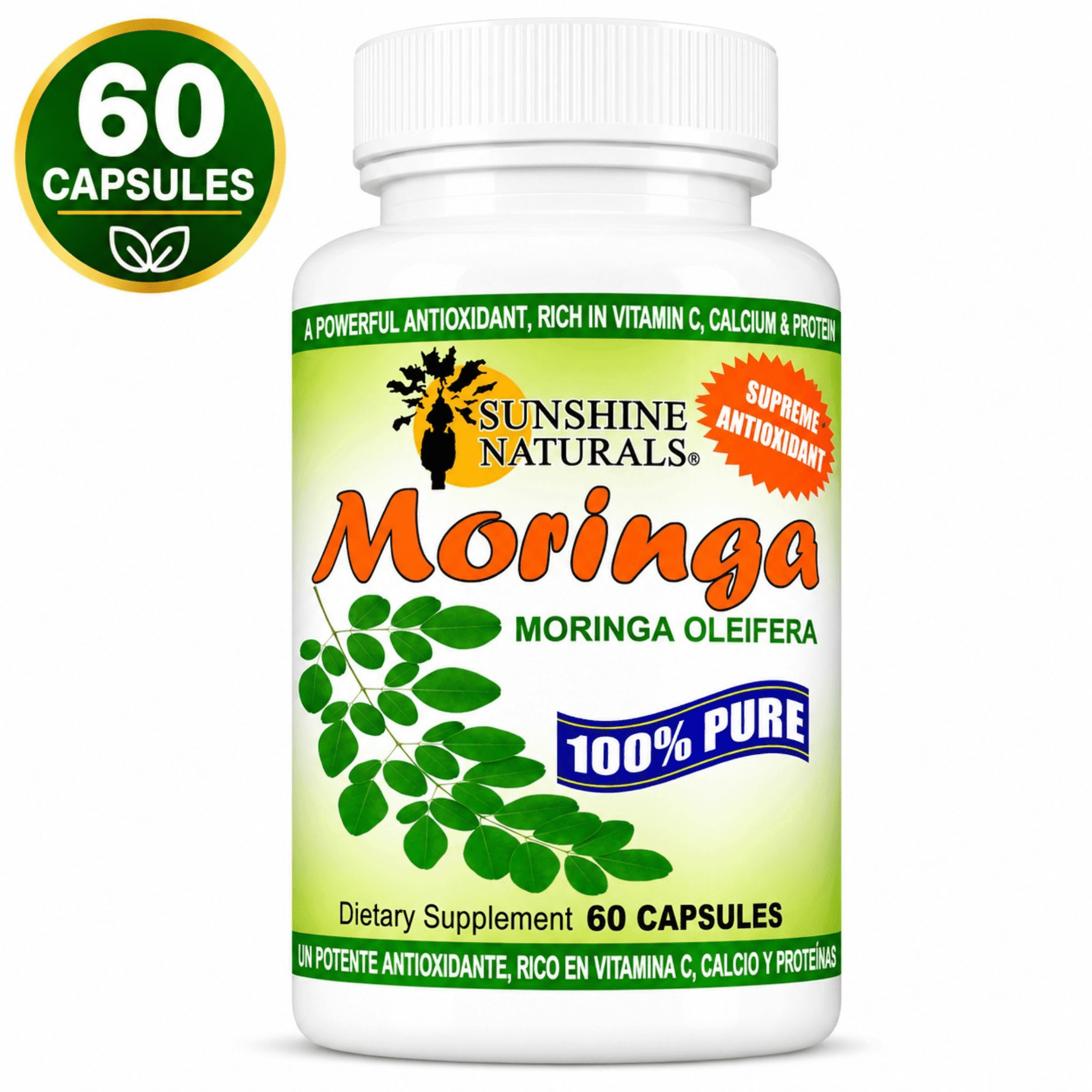 Sunshine Naturals Moringa Leaf Capsules, Moringa Oleifera Dietary Supplement, Vegan Capsules, Plant-Based Herbal Supplement, 60 Capsules