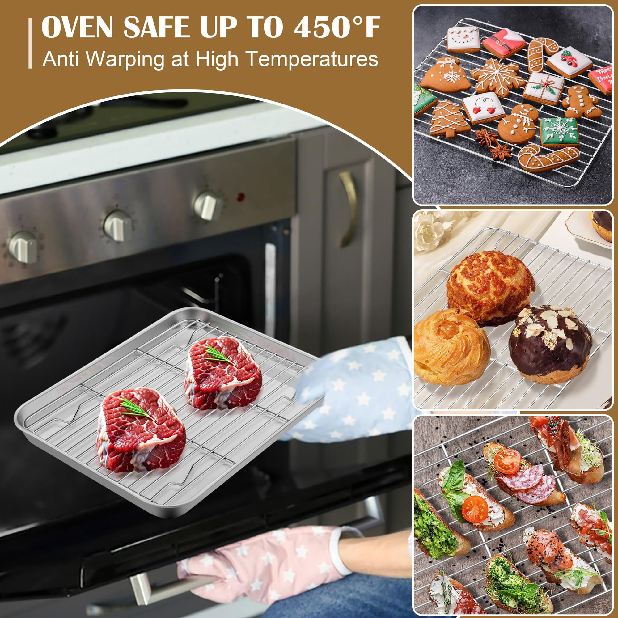 Baking Sheet Set with Wire Racks, Stainless Steel, 2 Pans + 2 Racks, 12.4''x9.7''