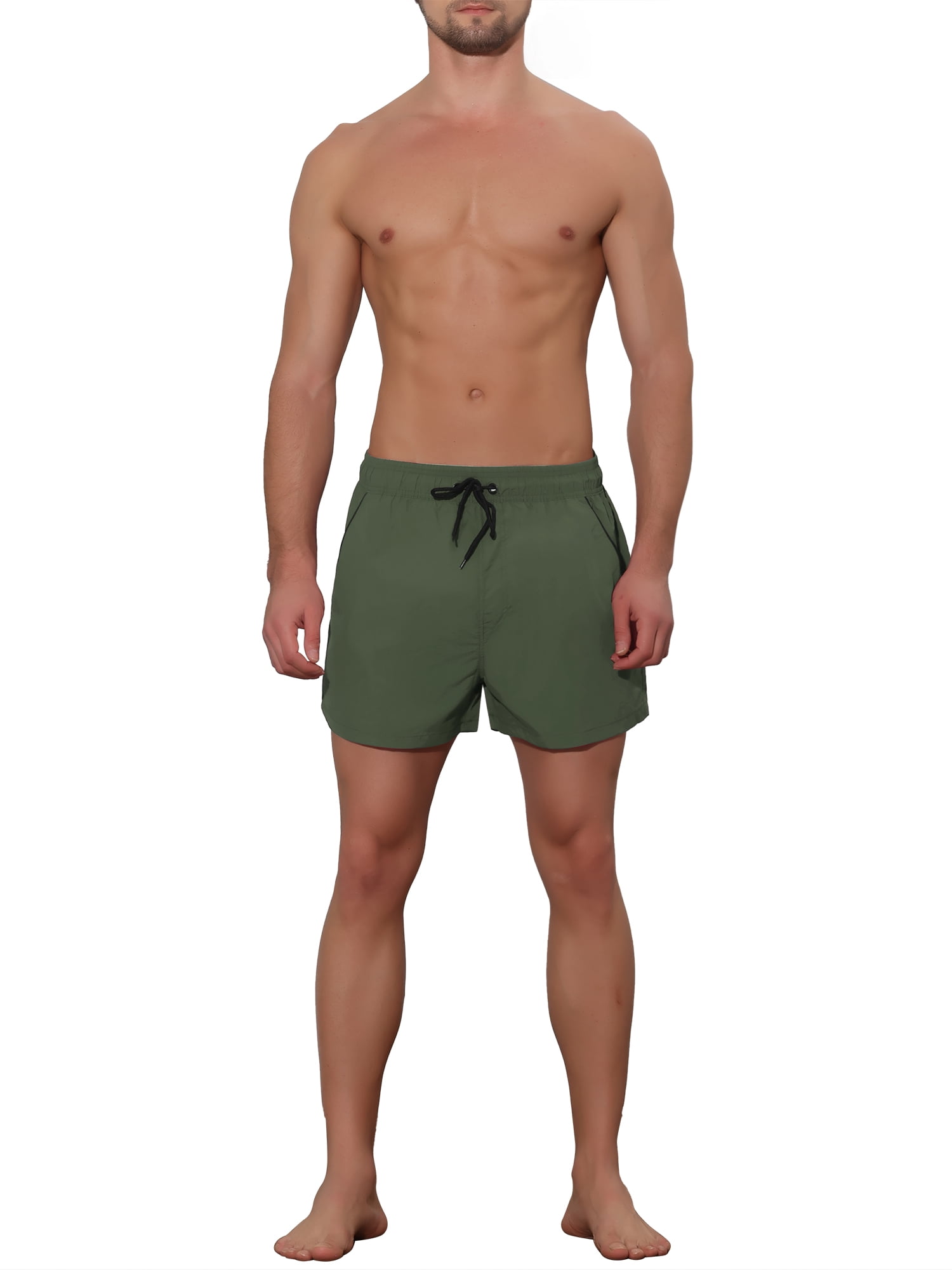 Unique Bargains Men's Vacation Solid Color Drawstring Elastic Waist Swim Short Green 36