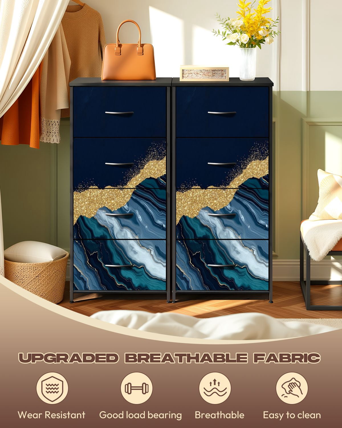 Kanworse 4 Drawer Fabric Dresser for Bedroom abstract blue agate golden veins white Chests of Drawers for Closet Organizers Storage