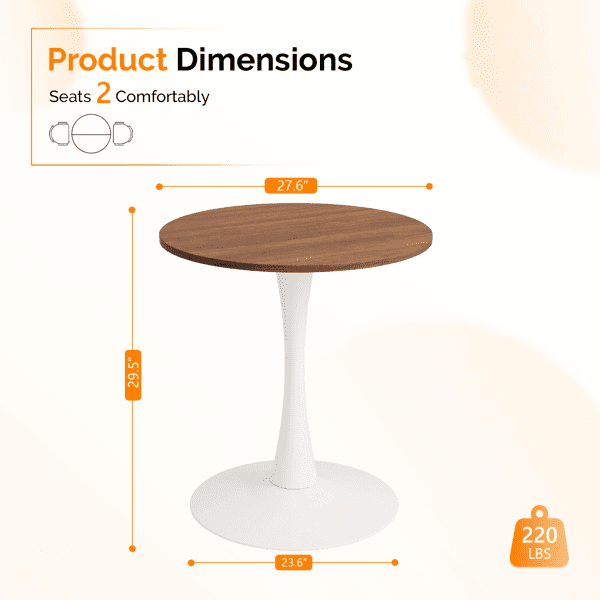 Round Tulip Dining Table, 27.6 Inch 2-Seater Kitchen Table, Melamine Laminated MDF Tabletop with Metal Pedestal Base, Easy Assembly Breakfast Table for Apartment Dining Nook, White & Walnut
