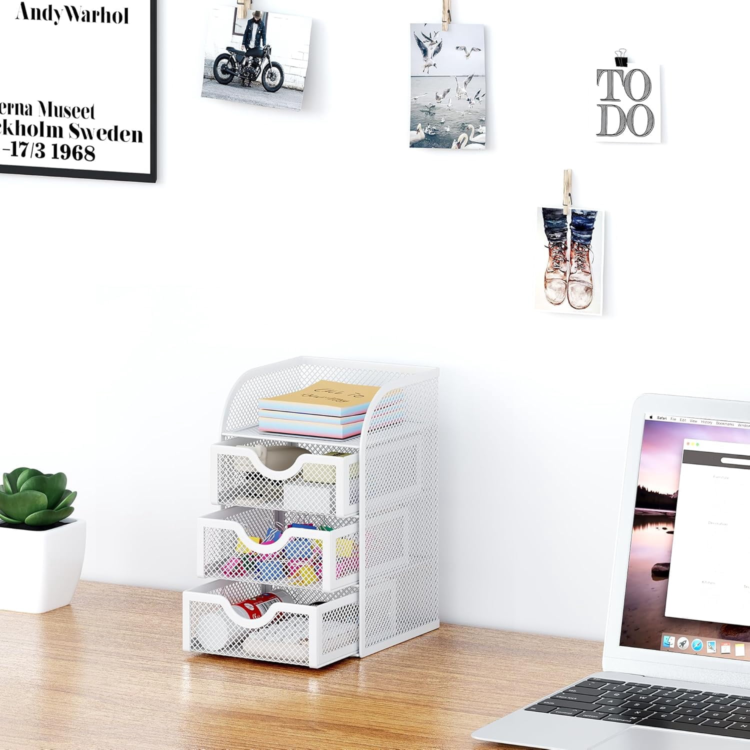 Mesh Desk Organizer with 3 Drawer Office Desktop Organizers and Accessories Stationery Caddy for Office, Home, Students, White