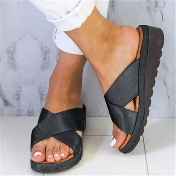 AXXD Black Wedge Sandals for Women Summer Shoes Open Toe Thick Bottom Roman Beach Sandals