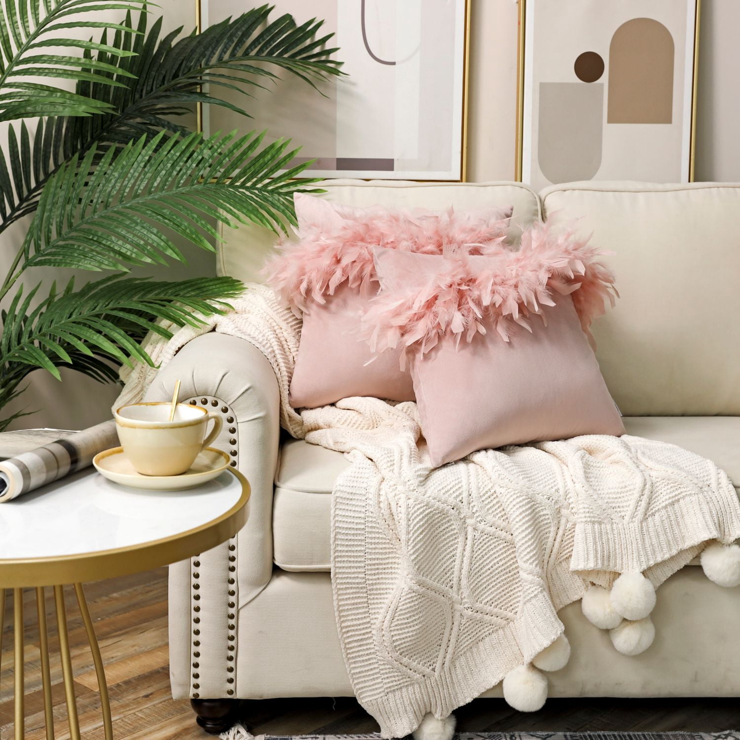 Phantoscope Feather Velvet Decorative Throw Pillows, 18 x 18 in, Light Pink, 2 Pack