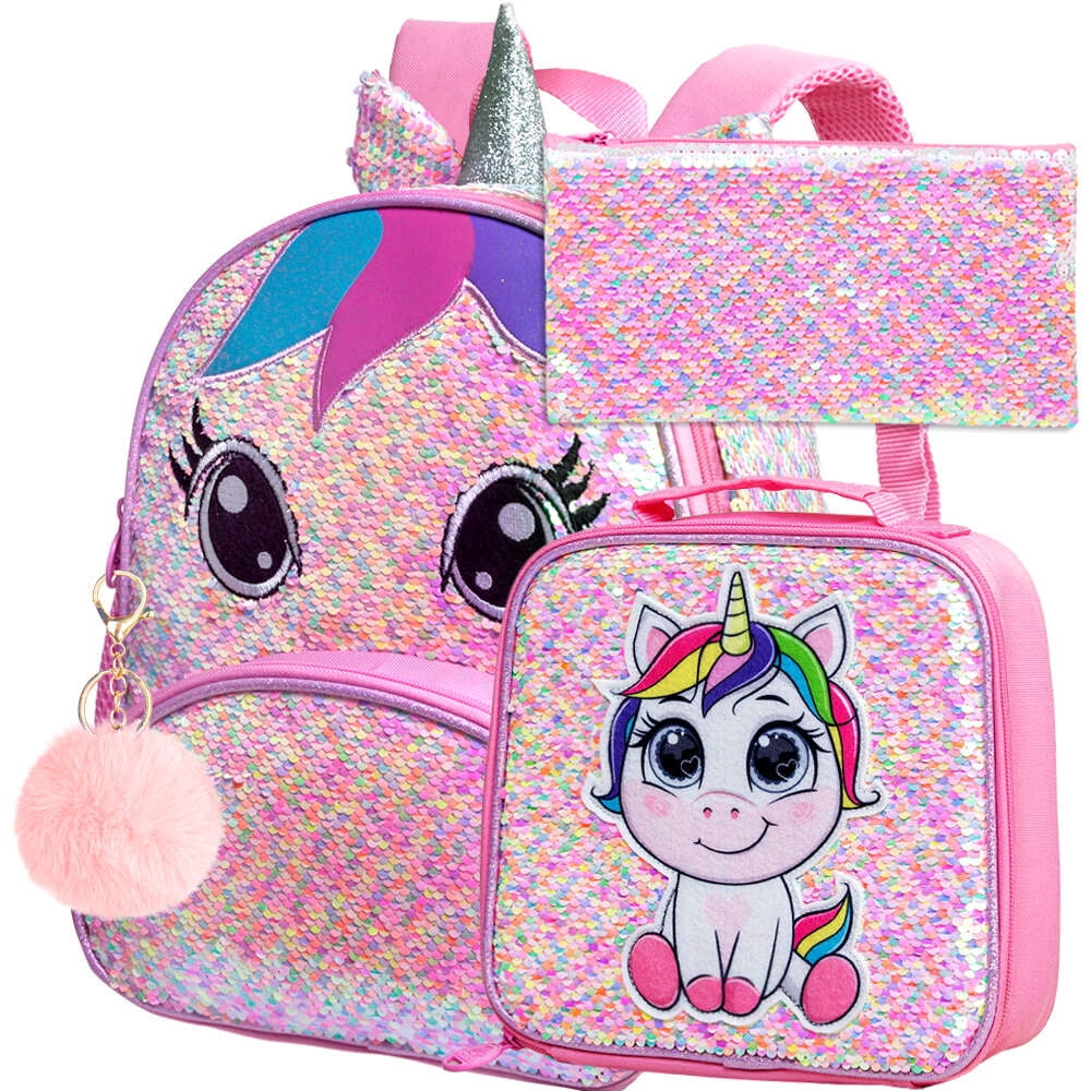 AGSDON 3PCS Unicorn Backpack for Girls, 12" Toddler Sequin Preschool Bookbag and Lunch Box - Pink