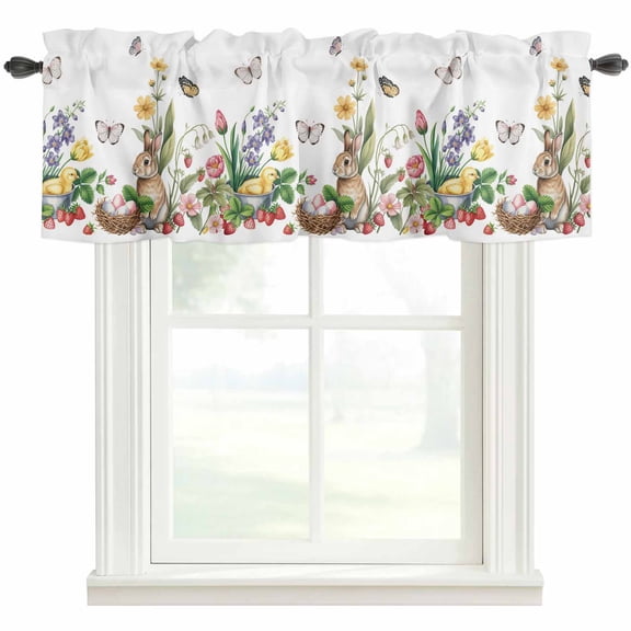 Spring Easter Rod Pocket Curtain Valance, Country Bunny Chick Floral Butterflies Watercolor Farmhouse Window Valance for Living Room, Bedroom, Kitchen 54"W x 18"L