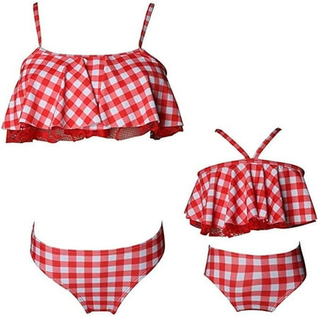 Styles I Love Family Matching Floral Leaf Printed Bikini Swimsuit Pool Water Game Swimwear Beach Bathing Suit for Mom and Daughter (Red Checkered  Mom L)