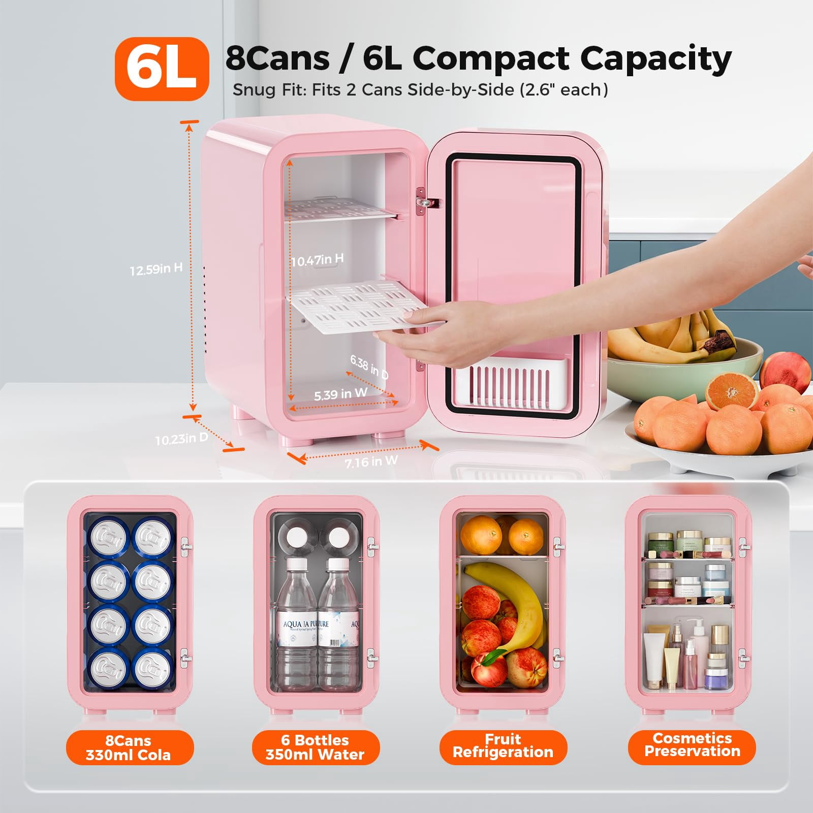 Mini Fridge, 6 Liter/8 Can 110V AC/DC Portable Thermoelectric Cooler Refrigerators for Bedroom, Skincare, Beverage, Office, Dorm Room and Car, Pink