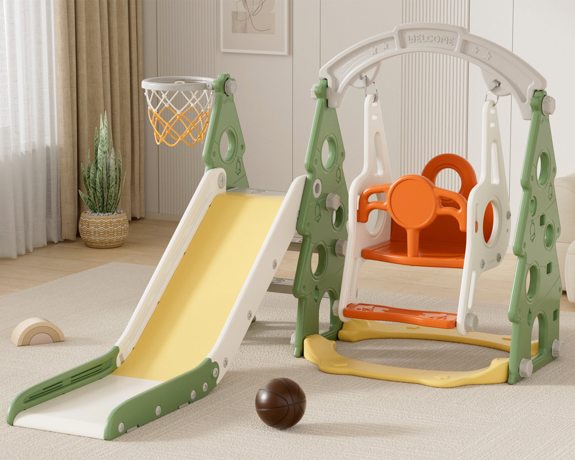 XJD 4-in-1 Toddler Slide and Swing Set, Kids Indoor Outdoor Playset with Basketball Hoop, Backyard Playground for Toddlers 1-3 Years Old, Green