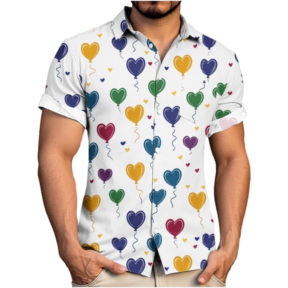 Yievot Valentines Day Dress Shirt Men Stylish Casual Lapel Short Sleeve Heart Graphic Button Down Shirts Mens Vacation Top