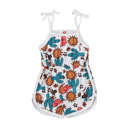 

KelaJuan Toddler Baby Girls Summer Romper Sleeveless Spaghetti Strap Cartoon Print Strap Bodysuit Jumpsuit