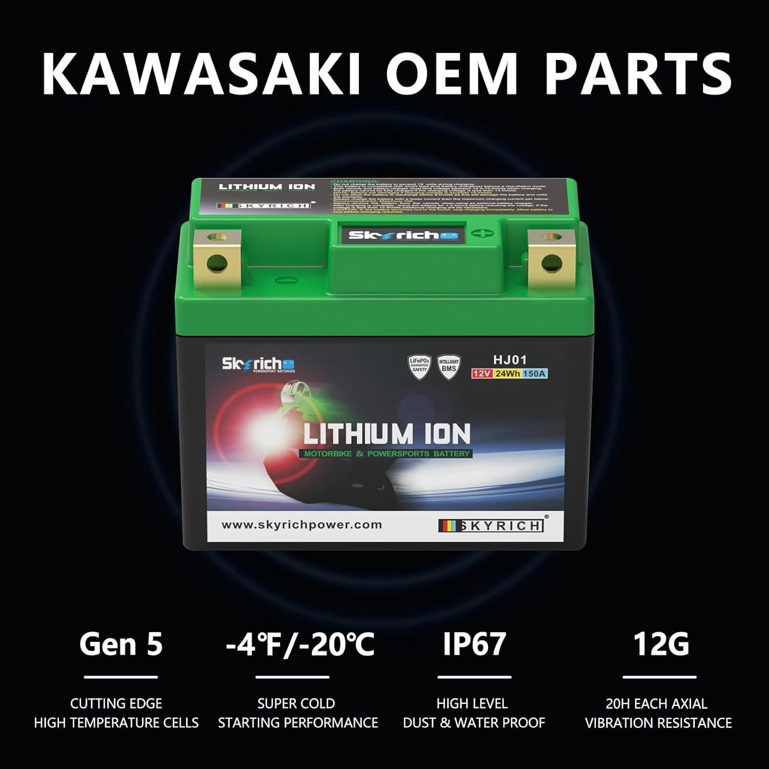 Skyrich HJ-01 Lithium Motorcycle LiFePO4 Battery, 12 Volt 2AH 150CCA, Genuine OEM Part,Motorcycle Battery Compatible with Kawasaki Scooter Snowmobile