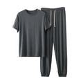 thumbnail image 3 of UVEASISHA 2 Piece Pj Sets for Men Big and Tall Short Sleeve Tee and Joggers Cozy Soft Modal Pajamas Set Breathable Summer Sleepwear Outfits Dark Gray 3XL, 3 of 6
