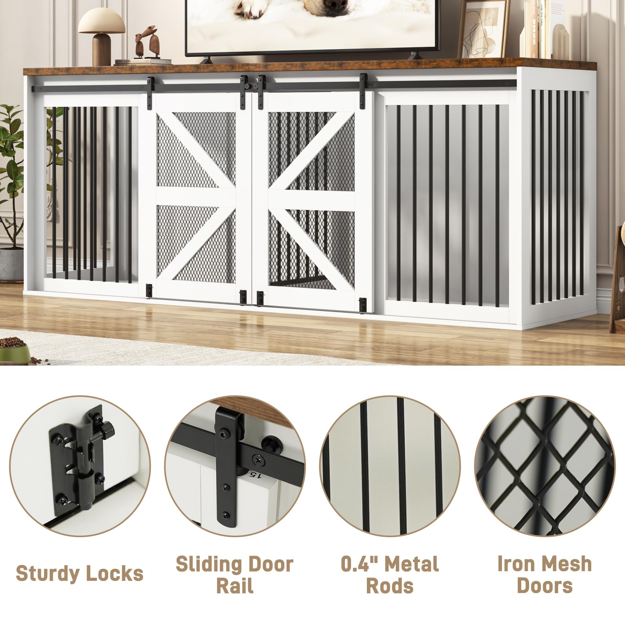 Blotout 87" Large Farmhouse Dog Crate TV Stand, Wooden Dog Crate Furniture with with Divider Panel/Sliding Metal Mesh Barn Door, XL-XXL Heavty Duty Dog Crates Furniture for 2 Medium or Large Dogs