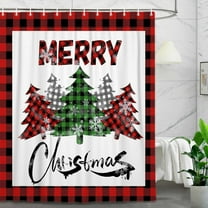 Christmas Red Black Buffalo Plaid Shower Curtain Set, Xmas Tree Snowflake Winter Scene Bathroom Shower Curtain, Fabric Art Christmas Bath Curtain with Hooks,70X70IN