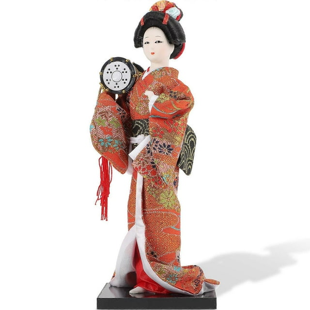 Japanese Geisha Kimono Doll for Decor Resin Wood Plastic Orange Color 3.5 Inches