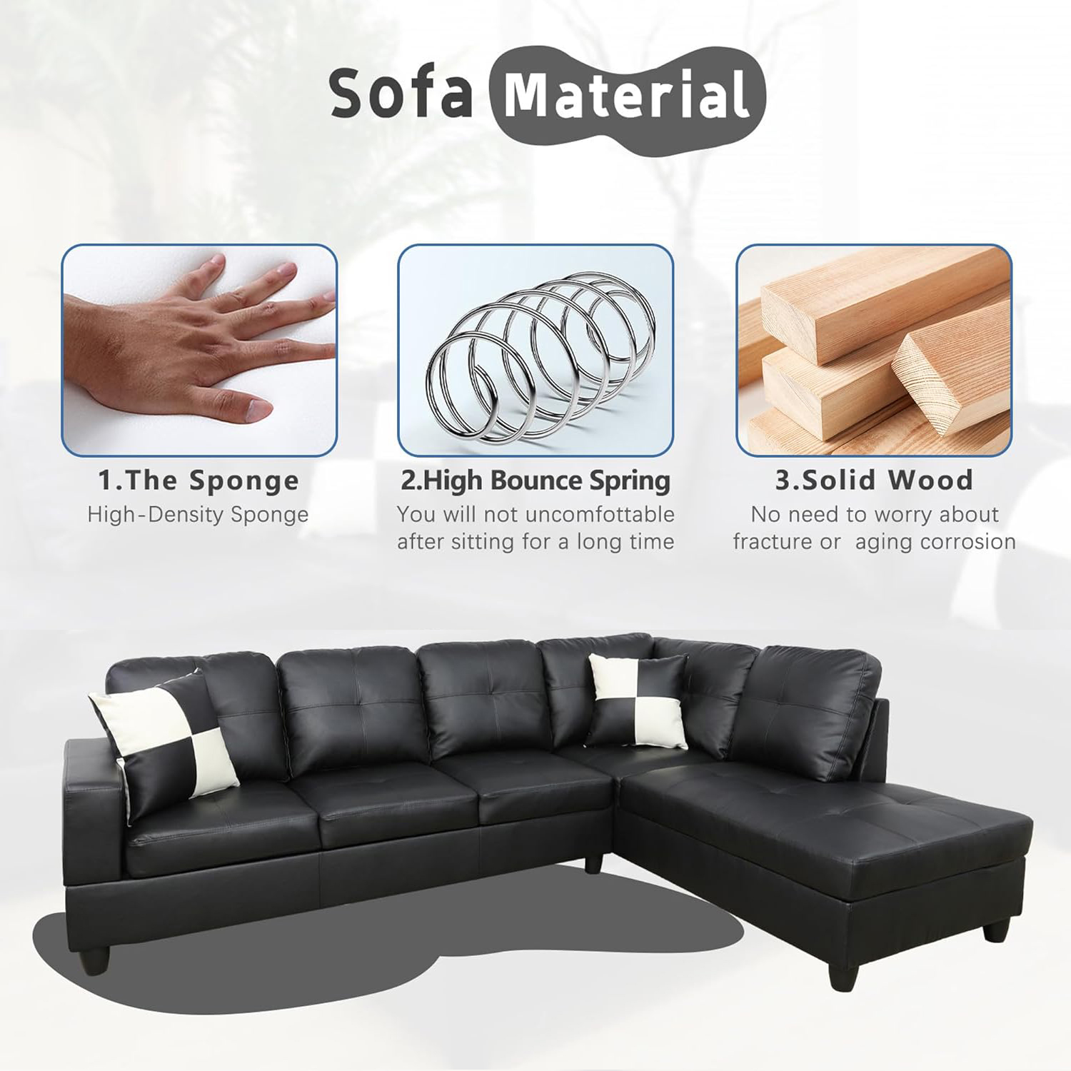Sectional Couch for Living Room Furniture Sets, Black Faux Leather Sofa Couch L Shape Couch Living Room Sofa with Chaise 2 Piece Using for Living Room(Black,Facing Right Chaise)