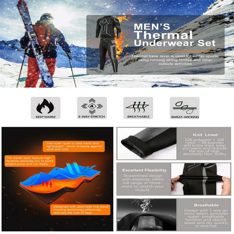 MEETWEE Men's Thermal Underwear Set, Winter Ski Gear Fleece Lined Long  Johns Base Layer Warm Top & Bottom for Skiing Black