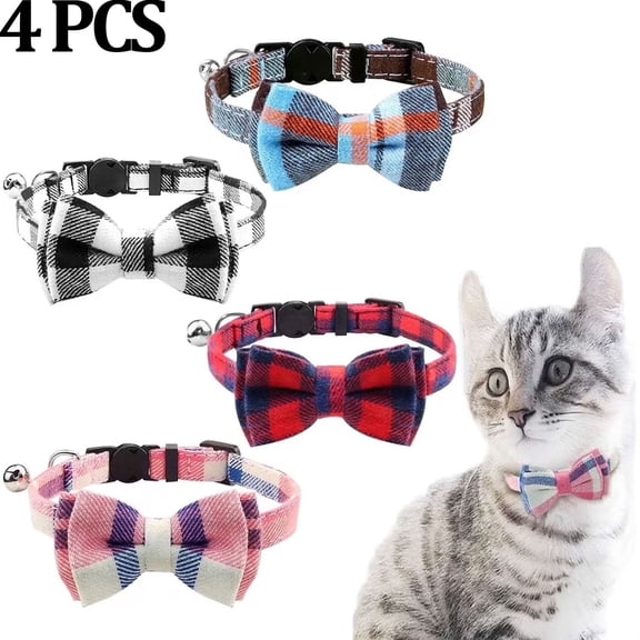 Upgraded Cat Collar with Bells, Breakaway Cat Collars with Bow Tie, 1 Pack Girl Boy Safety Plaid Kitten Collars, Black Red  Pink Haze Blue