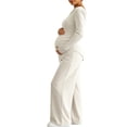 thumbnail image 4 of Gyujnb Asymmetrical Neck Long Sleeve Nursing Maternity Set Solid Soft Knit Full Over Belly Straight Wide Leg Pants 2 Piece Matching Outfit Postpartum Daily Pregnancy Loungewear,XL, 4 of 8