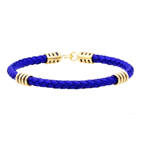 Arista Men's Bracelet in Blue Leather Gold Plated Solid Stainless Steel, 8.5"