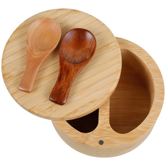 Salt and Pepper Bowl Bamboo Salt and Pepper Box with Rotating Magnetic Lid 2 Compartments Salt and Pepper Cellar with Spoon Round Salt Spice Box for Home Kitchens