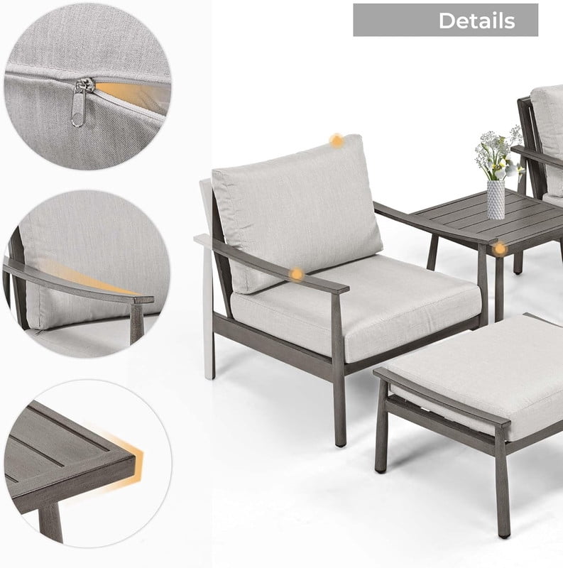 5-Piece Aluminum Patio Conversation Set, Patio Furniture Set with Rope Back Armchairs & Ottomans with 4" Cushions