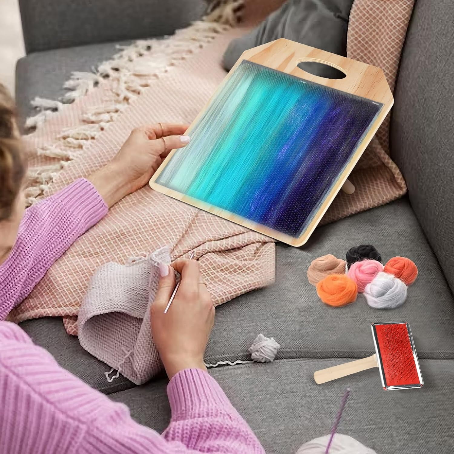 Wool Blending Board Carding Brush Set, Fiber Blending Board with 1pcs Wool Brush 2pcs Wood Craft Sticks for Mix Colors, Organize Wool Fibers(wwx)