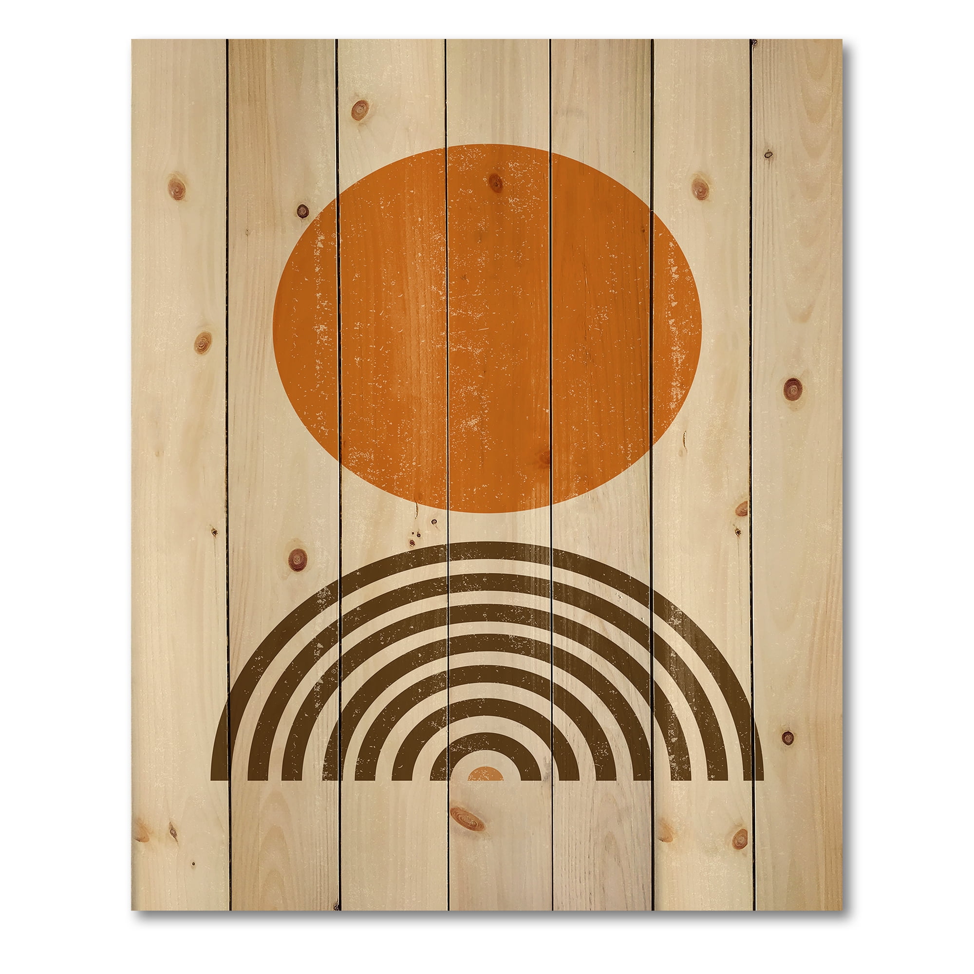 Designart 'Abstract Minimal Rainbow and Orange Sun I' Modern Print on Natural Pine Wood