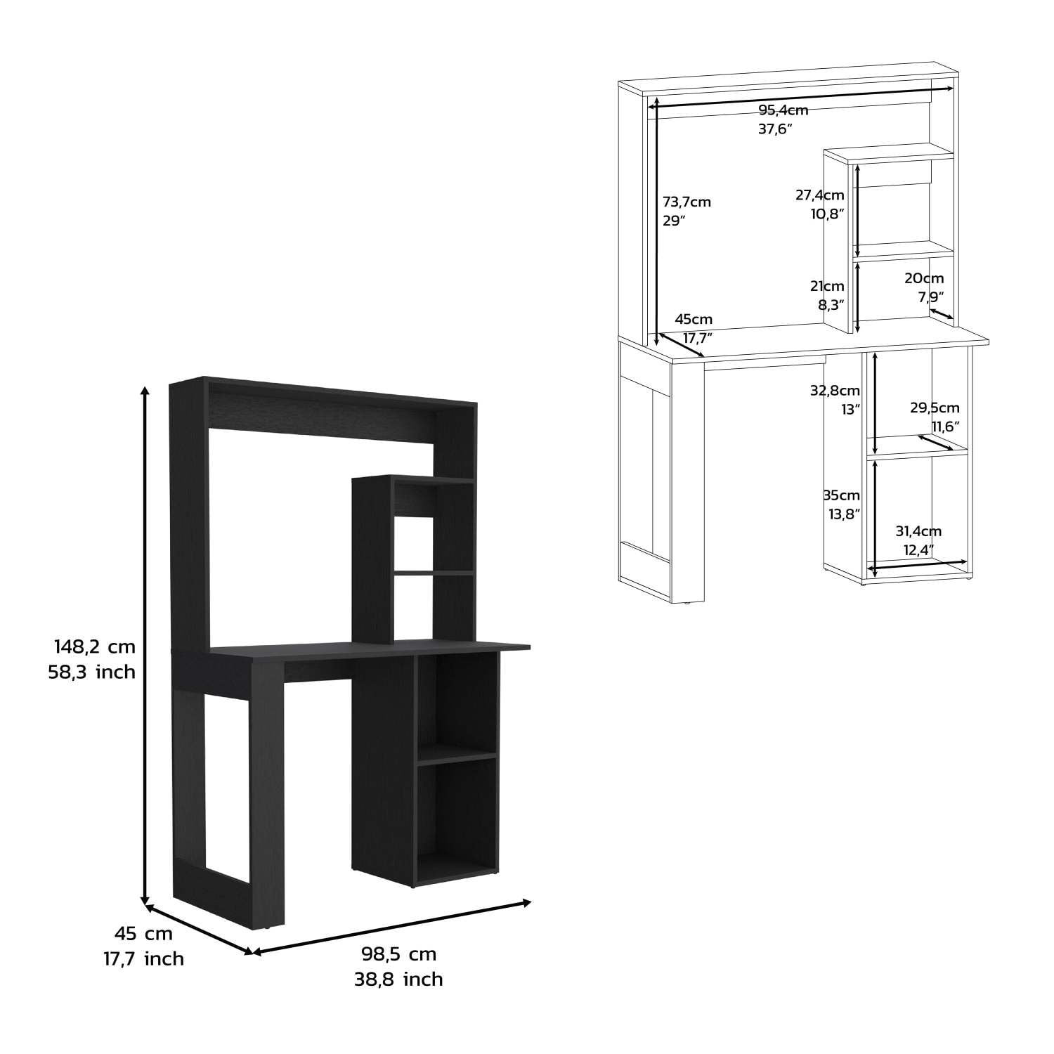 Asteroutdoor Writing Computer Desk with Storage Shelves and Hutch, Black, 38.8 in W x 17.7 in D Work Surface, 5 Shelves, for Home Office