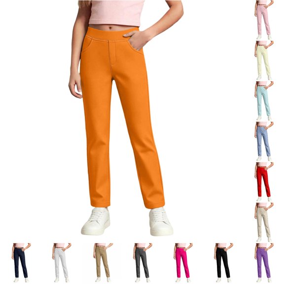 JAJAHO Girls School Uniform Pants Elastic Waist Stretchy Straight Leg Pants Back To School Clothes For Kids 5-16Y