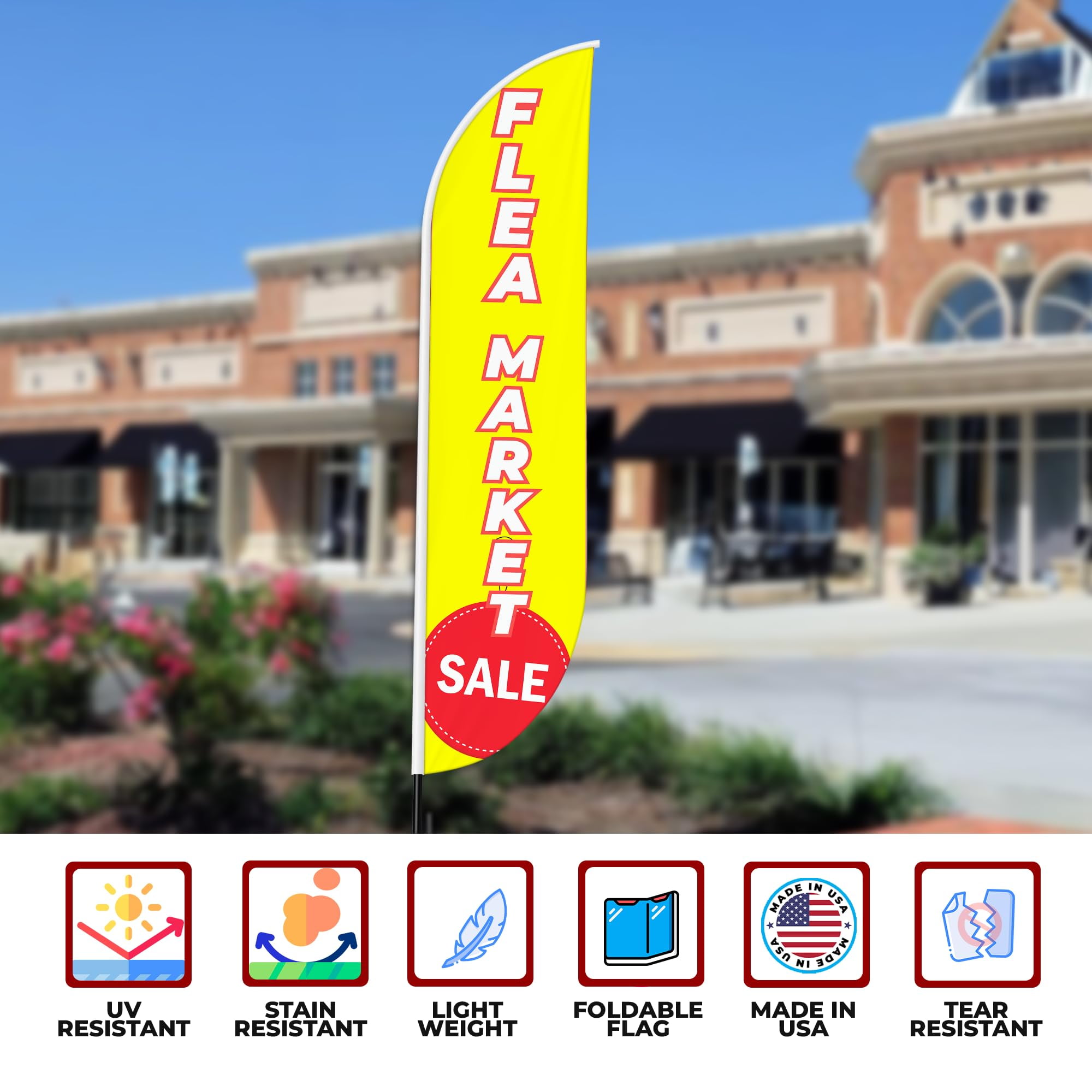 Flea Market Sign feather flag for Outdoor by Mavis Printing | 11.5 FEET Long Polyester Outdoor Banner Flag for Easy Hang | HD Print Swooper I Flag Only to Advertise Flea Market Business I Flag Only