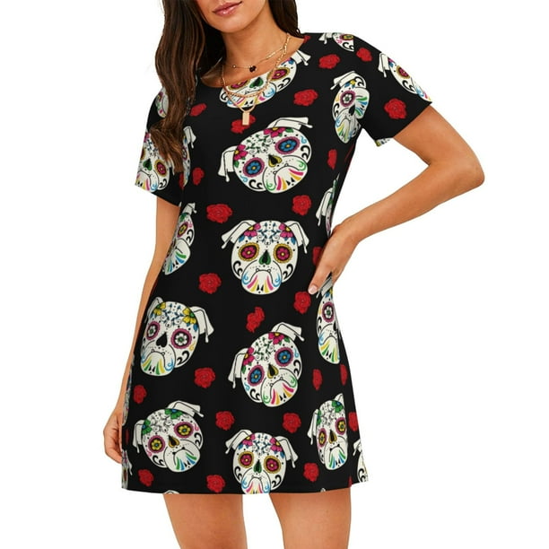 Fotbe PUG Bata de Dormir para Mujer con Estampado, Camisón de Algodón de Manga Corta, Ropa de Dormir Casual