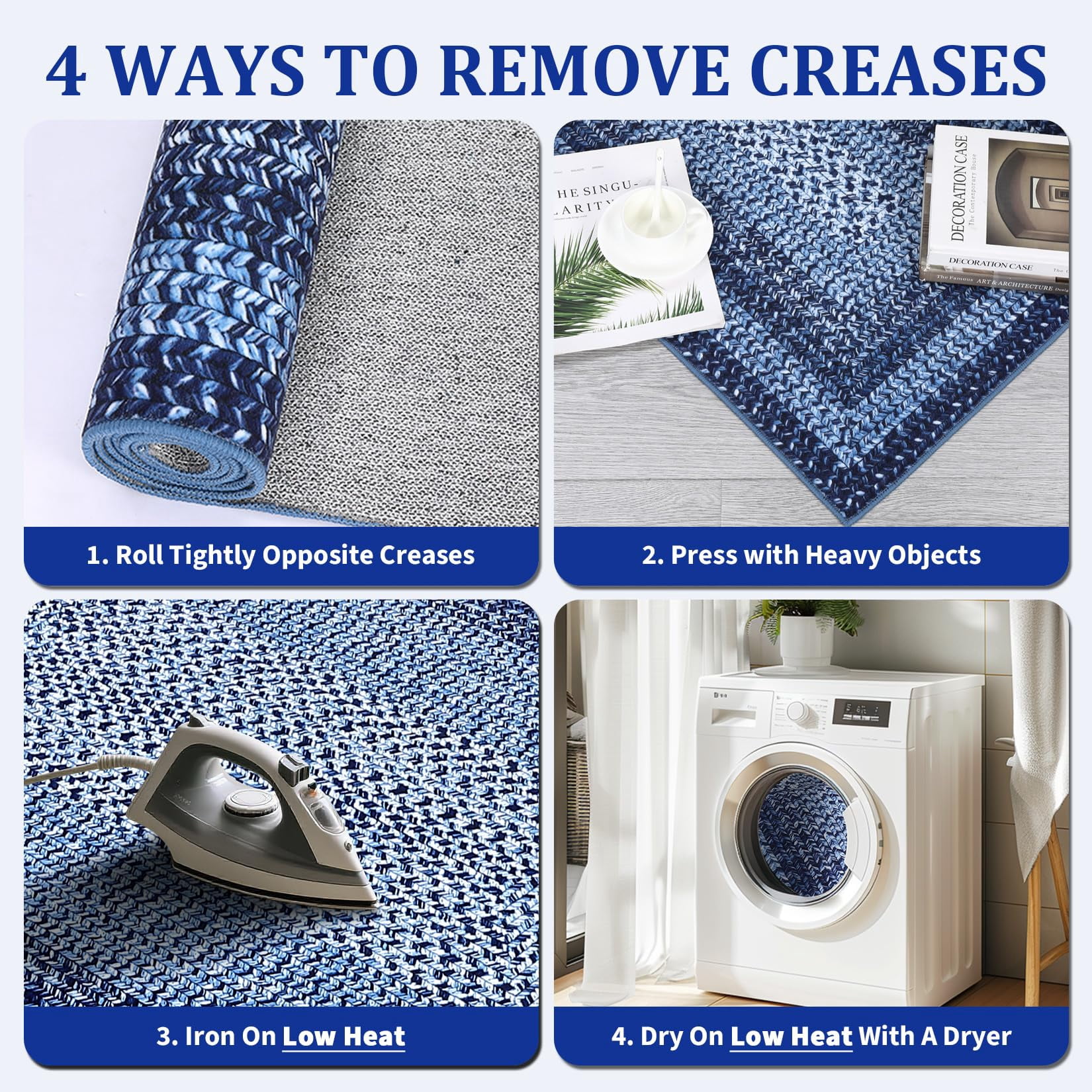Modern Washable Area Rug 6'x9' Vintage Braided Print Non-Slip Low Pile Carpet for Living Room Bedroom Home Office, Navy Blue