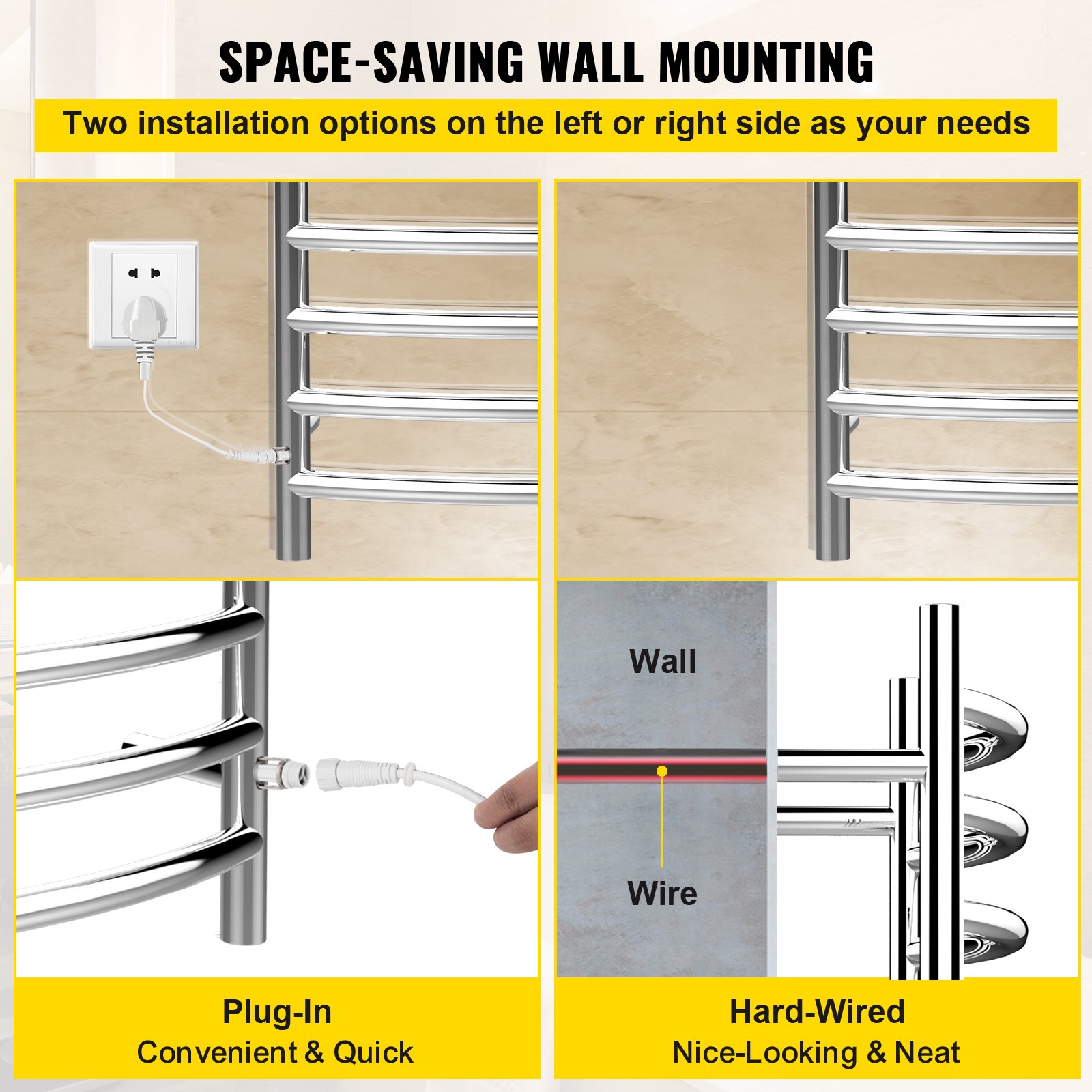 VEVOR Heated Towel Rack, 8 Bars Curved Design, Mirror Polished Stainless  Steel Electric Towel Warmer with Built-in Timer, Wall-Mounted for Bathroom,  Plug-in/Hardwired, UL Certificated, Silver | Walmart Canada