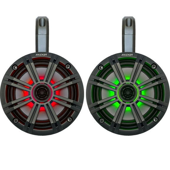 1 Pair (2 Speakers Total) of Kicker 6.5" OEM Replacement 195W Coaxial 2-Way Speakers (Charcoal Grilles) w/ MultiColor LED Lighting, 2 x Black Weather-Proof Tower Enclosures
