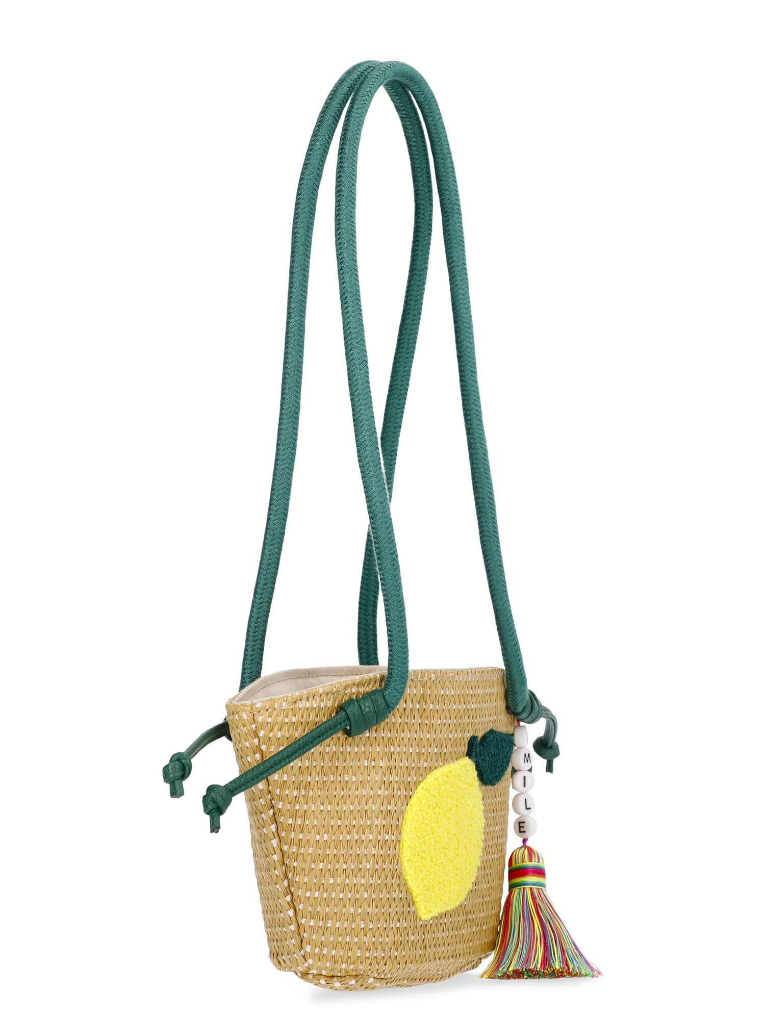 Wonder Nation Girls Lemon Straw Crossbody Bag, Green