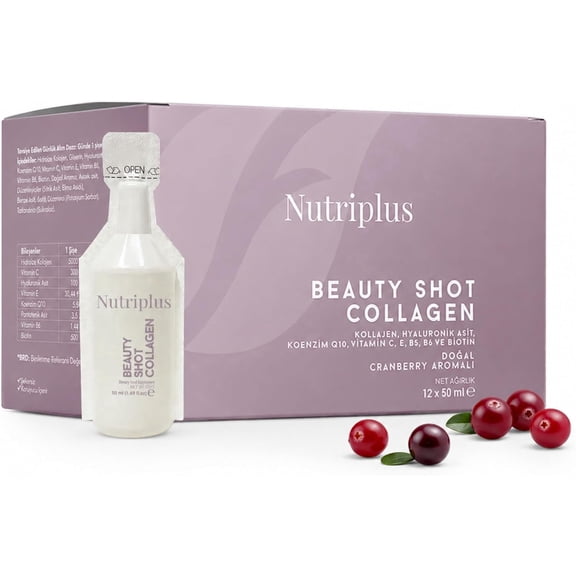 FARMASi Nutriplus Beauty Shot Collagen, Cranberry Flavor, 1.69 fl oz | Type I and III Collagen with Hyaluronic Acid Coenzyme Q10 Biotin and Vitamins, Sugar Free Liquid Supplement, 12 pieces