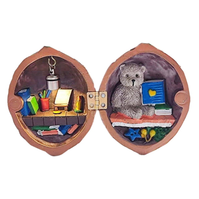 Miniature Walnut Shell World Handcrafted Walnut Shell Decoration with Warm Light Tiny World Walnut House Miniature Book Store Mini Library for Kids
