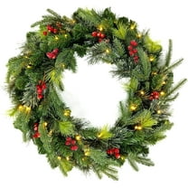Guvpev 24" Pre-Assembled Lights Artificial Christmas Cedar Wreath for Front Door, Real Touch Handmade Christmas Wreaths with Berry & 50 LED Lights, Christmas Wreath for Indoor Outdoor Holiday Decor