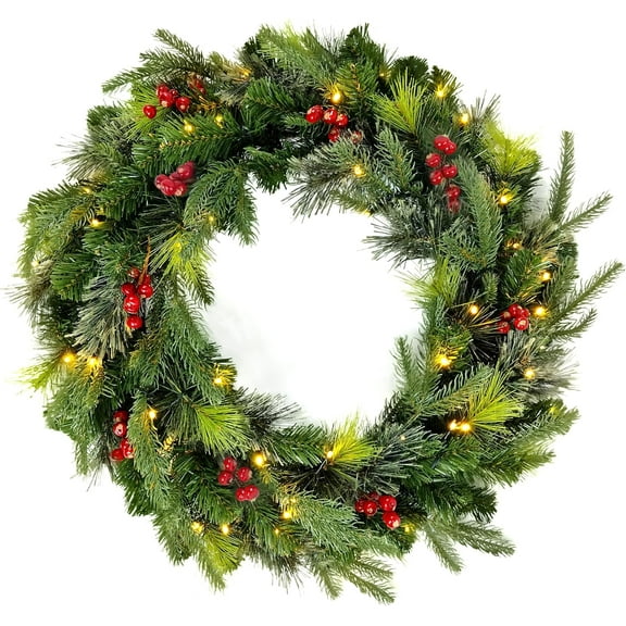 Guvpev 24" Pre-Assembled Lights Artificial Christmas Cedar Wreath for Front Door, Real Touch Handmade Christmas Wreaths with Berry & 50 LED Lights, Christmas Wreath for Indoor Outdoor Holiday Decor