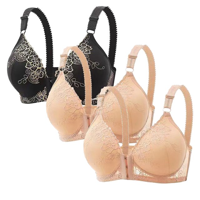 fheaev 3Pc Front Close Bras for Women Plus Size Wirefree Support Posture No Underwire Full Coverage Bra Adjustable Shoulder Strap Comfort Push Up Lace Breathable Front Buckle Open Everyday Bras