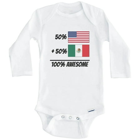 

50% American Plus 50% Mexican Equals 100% Awesome Cute Mexico Flag One Piece Baby Bodysuit (Long Sleeve) 0-3 Months White