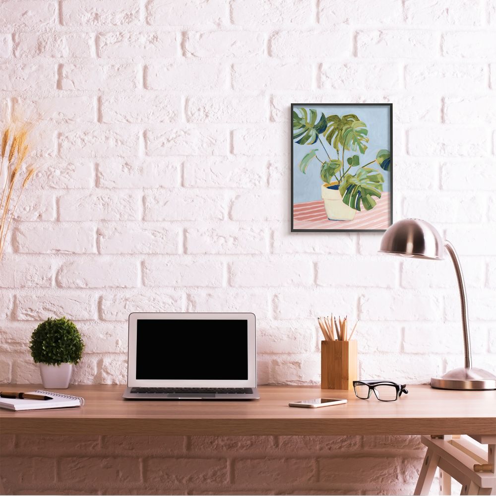 Stupell Industries Monstera Indoor Plant Leaves Green Pink Painting Framed Wall Art Design by Victoria Borges, 16" x 20", Black Framed