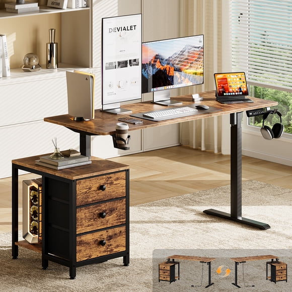 GUNAITO Bureau d'Ordinateur 66 Pouces X 23.6 Pouces Bureau Debout Électrique avec 3 Tiroirs Table Debout à Hauteur Réglable Bureau Ergonomique Assis-Debout avec Plateau en Panneaux pour Bureau à Domicile Brun Rustique
