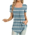 thumbnail image 2 of Wycnly Shirts for Women Casual Flowy Smocked Swing Tops Lightweight Pullover Tunic Summer Casual Square Neck Short Sleeve Striped Print Ladies Blouses Light Blue l, 2 of 5