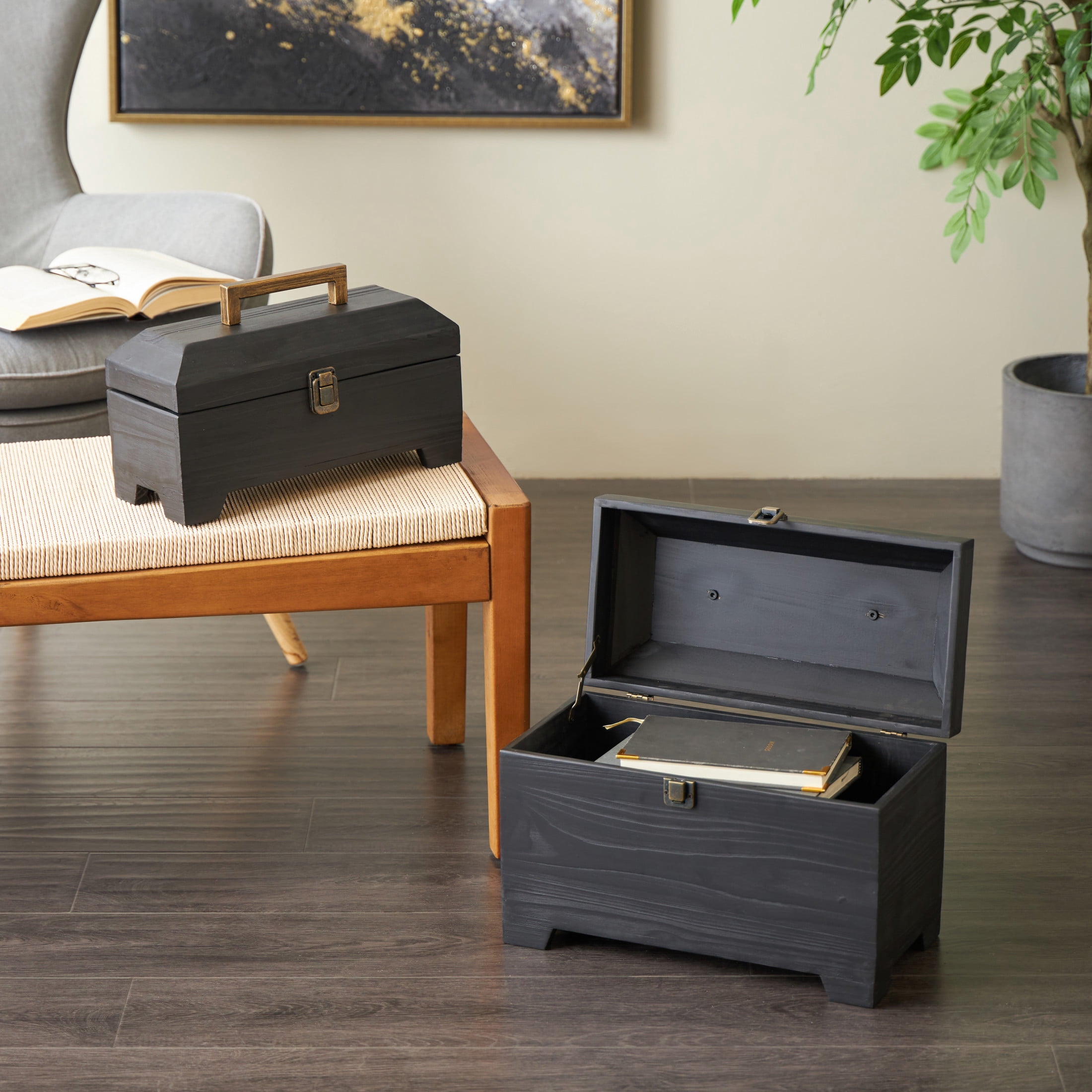 DecMode Handmade Black Wood Decorative Box with Brass Latches and Handle, 2 Count