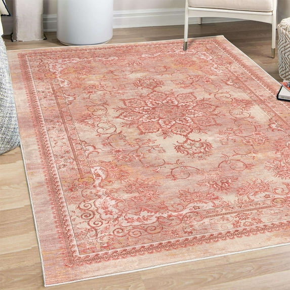 Floral Decorative Rug, Vintage Look Abstract Swirling Branches Mandala Inspired Ethnic Ornaments Design, Quality Carpet for Bedroom Dorm and Living Room, 6 Sizes, Salmon Ivory, by Ambesonne