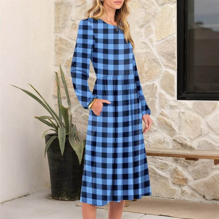 HAJWOH Winter Dresses for Women 2025 Puff Long Sleeve Casual Boho A-Line  Flowy Midi Party Long Dress with Pockets Blue XL