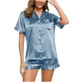 thumbnail image 3 of Brnmxoke 2Pcs Womens Silk Satin Pajamas Set Short Sleeve Sleepwear Solid Color Button Down Loungewear 2 Piece Pjs Shorts Set Sky Blue,M, 3 of 4
